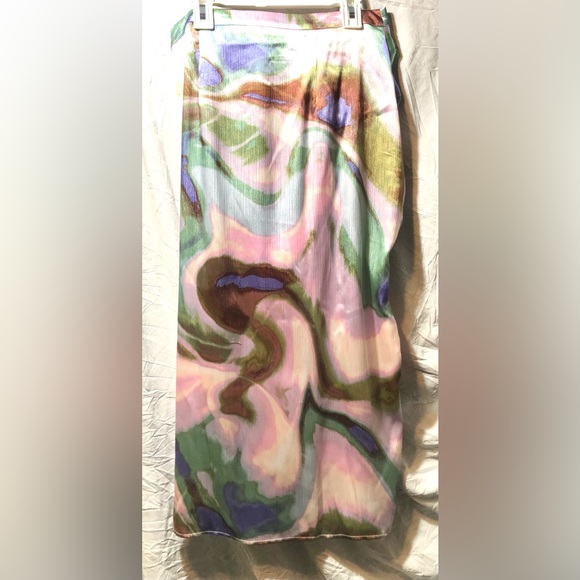 FUTURE COLLECTIVE Women's Marblized Light Green/Pink Silk Midi Skirt Size4  NWT - Picture 3 of 7